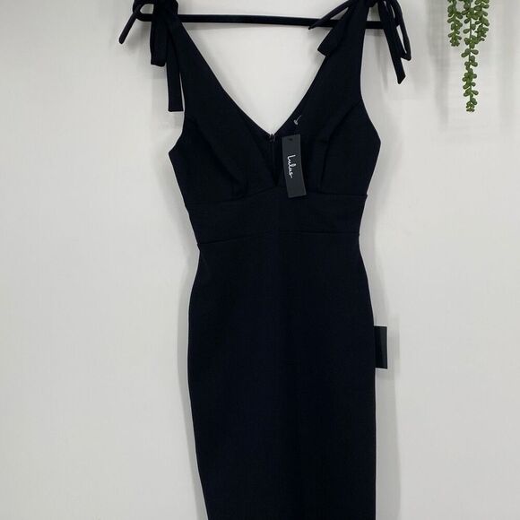 NWT Lulus Date Night Done Right Black Tie-Strap Bodycon Midi Dress Black XS - Picture 3 of 16